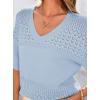 image:imagePRETTYGARDEN Womens Short Sleeve Sweater Tops 2026 Spring Summer Casual V Neck Ribbed Knit Trendy Eyelet Blouse T ShirtsLight Blue