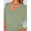 image:imagePRETTYGARDEN Womens Short Sleeve Sweater Tops 2026 Spring Summer Casual V Neck Ribbed Knit Trendy Eyelet Blouse T ShirtsMid Green