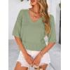 image:imagePRETTYGARDEN Womens Short Sleeve Sweater Tops 2026 Spring Summer Casual V Neck Ribbed Knit Trendy Eyelet Blouse T ShirtsMid Green
