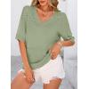 image:imagePRETTYGARDEN Womens Short Sleeve Sweater Tops 2026 Spring Summer Casual V Neck Ribbed Knit Trendy Eyelet Blouse T ShirtsMid Green