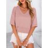 image:imagePRETTYGARDEN Womens Short Sleeve Sweater Tops 2026 Spring Summer Casual V Neck Ribbed Knit Trendy Eyelet Blouse T ShirtsPink