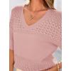 image:imagePRETTYGARDEN Womens Short Sleeve Sweater Tops 2026 Spring Summer Casual V Neck Ribbed Knit Trendy Eyelet Blouse T ShirtsPink