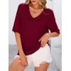 image:imagePRETTYGARDEN Womens Short Sleeve Sweater Tops 2026 Spring Summer Casual V Neck Ribbed Knit Trendy Eyelet Blouse T ShirtsWine Red