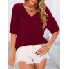 image:imagePRETTYGARDEN Womens Short Sleeve Sweater Tops 2026 Spring Summer Casual V Neck Ribbed Knit Trendy Eyelet Blouse T ShirtsWine Red