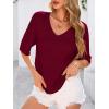 image:imagePRETTYGARDEN Womens Short Sleeve Sweater Tops 2026 Spring Summer Casual V Neck Ribbed Knit Trendy Eyelet Blouse T ShirtsWine Red