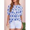 image:imagePRETTYGARDEN Womens Summer Boho Tops 2026 Tie Front V Neck Print Loose Fit Short Sleeve Peasant Blouses Vacation OutfitsFloral White Blue