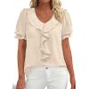 image:imagePRETTYGARDEN Womens Summer Dressy Casual Blouses 2026 Short Sleeve V Neck Ruffle Business Work Tops Trendy Spring OutfitsBeige