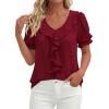 image:imagePRETTYGARDEN Womens Summer Dressy Casual Blouses 2026 Short Sleeve V Neck Ruffle Business Work Tops Trendy Spring OutfitsBurgundy
