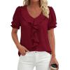 image:imagePRETTYGARDEN Womens Summer Dressy Casual Blouses 2026 Short Sleeve V Neck Ruffle Business Work Tops Trendy Spring OutfitsBurgundy
