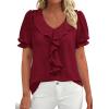 image:imagePRETTYGARDEN Womens Summer Dressy Casual Blouses 2026 Short Sleeve V Neck Ruffle Business Work Tops Trendy Spring OutfitsBurgundy