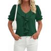 image:imagePRETTYGARDEN Womens Summer Dressy Casual Blouses 2026 Short Sleeve V Neck Ruffle Business Work Tops Trendy Spring OutfitsDark Green