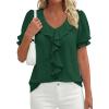 image:imagePRETTYGARDEN Womens Summer Dressy Casual Blouses 2026 Short Sleeve V Neck Ruffle Business Work Tops Trendy Spring OutfitsDark Green