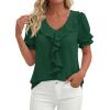 image:imagePRETTYGARDEN Womens Summer Dressy Casual Blouses 2026 Short Sleeve V Neck Ruffle Business Work Tops Trendy Spring OutfitsDark Green