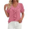 image:imagePRETTYGARDEN Womens Summer Dressy Casual Blouses 2026 Short Sleeve V Neck Ruffle Business Work Tops Trendy Spring OutfitsDark Pink