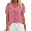 image:imagePRETTYGARDEN Womens Summer Dressy Casual Blouses 2026 Short Sleeve V Neck Ruffle Business Work Tops Trendy Spring OutfitsDark Pink