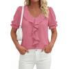 image:imagePRETTYGARDEN Womens Summer Dressy Casual Blouses 2026 Short Sleeve V Neck Ruffle Business Work Tops Trendy Spring OutfitsDark Pink