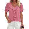 image:imagePRETTYGARDEN Womens Summer Dressy Casual Blouses 2026 Short Sleeve V Neck Ruffle Business Work Tops Trendy Spring OutfitsDark Pink