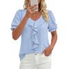 image:imagePRETTYGARDEN Womens Summer Dressy Casual Blouses 2026 Short Sleeve V Neck Ruffle Business Work Tops Trendy Spring OutfitsLight Blue