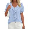 image:imagePRETTYGARDEN Womens Summer Dressy Casual Blouses 2026 Short Sleeve V Neck Ruffle Business Work Tops Trendy Spring OutfitsLight Blue