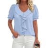 image:imagePRETTYGARDEN Womens Summer Dressy Casual Blouses 2026 Short Sleeve V Neck Ruffle Business Work Tops Trendy Spring OutfitsLight Blue