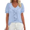 image:imagePRETTYGARDEN Womens Summer Dressy Casual Blouses 2026 Short Sleeve V Neck Ruffle Business Work Tops Trendy Spring OutfitsLight Blue