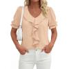 image:imagePRETTYGARDEN Womens Summer Dressy Casual Blouses 2026 Short Sleeve V Neck Ruffle Business Work Tops Trendy Spring OutfitsLight Khaki