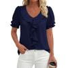 image:imagePRETTYGARDEN Womens Summer Dressy Casual Blouses 2026 Short Sleeve V Neck Ruffle Business Work Tops Trendy Spring OutfitsNavy Blue