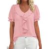 image:imagePRETTYGARDEN Womens Summer Dressy Casual Blouses 2026 Short Sleeve V Neck Ruffle Business Work Tops Trendy Spring OutfitsPink