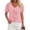 image:imagePRETTYGARDEN Womens Summer Dressy Casual Blouses 2026 Short Sleeve V Neck Ruffle Business Work Tops Trendy Spring OutfitsPink