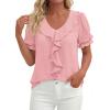 image:imagePRETTYGARDEN Womens Summer Dressy Casual Blouses 2026 Short Sleeve V Neck Ruffle Business Work Tops Trendy Spring OutfitsPink