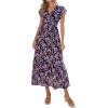 image:imagePRETTYGARDEN Womens Summer Floral Boho Maxi Dress Short Sleeve Wrap V Neck Ruffle Long Flowy Beach Wedding Guest DressesBlack Purple Floral