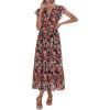 image:imagePRETTYGARDEN Womens Summer Floral Boho Maxi Dress Short Sleeve Wrap V Neck Ruffle Long Flowy Beach Wedding Guest DressesBlack Red Floral