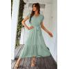 image:imagePRETTYGARDEN Womens Summer Floral Boho Maxi Dress Short Sleeve Wrap V Neck Ruffle Long Flowy Beach Wedding Guest DressesSolid Green