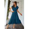 image:imagePRETTYGARDEN Womens Summer Floral Boho Maxi Dress Short Sleeve Wrap V Neck Ruffle Long Flowy Beach Wedding Guest DressesSolid Lake Blue