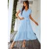 image:imagePRETTYGARDEN Womens Summer Floral Boho Maxi Dress Short Sleeve Wrap V Neck Ruffle Long Flowy Beach Wedding Guest DressesSolid Light Blue