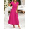 image:imagePRETTYGARDEN Womens Summer Maxi Dresses 2026 Trendy Casual Button V Neck Ruffle Cap Sleeve Long Flowy Spring Pleated DressRose Red