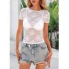 image:imagePRETTYGARDEN Womens Summer Sheer Lace Top 2026 Short Sleeve See Through Fitted Mesh Blouse Shirts Going Out Club OutfitsWhite