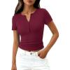image:imagePRETTYGARDEN Henley Shirts for Women 2026 Summer Short Sleeve Tops V Neck Basic Tees Fitted Ribbed Button Up Work ShirtsBurgundy