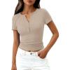 image:imagePRETTYGARDEN Henley Shirts for Women 2026 Summer Short Sleeve Tops V Neck Basic Tees Fitted Ribbed Button Up Work ShirtsLight Khaki