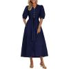 image:imagePRETTYGARDEN Summer Dresses for Women 2026 Elegant Classy Short Sleeve V Neck Ruffle A Line Belted Long Beach Vacation DressNavy