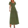 image:imagePRETTYGARDEN Summer Dresses for Women 2026 Eyelet Square Neck Puff Sleeve Smocked Wedding Guest Maxi Dress with PocketsArmy Green