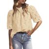 image:imagePRETTYGARDEN Summer Tops for Women 2026 Short Sleeve Embroidered Eyelet Shirts Dressy Casual Blouses Spring Fashion ClothesBeige Yellow