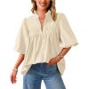 image:imagePRETTYGARDEN Womens 2026 Summer Short Lantern Sleeve Tops Loose Fit Button Down Shirt Pleated V Neck Blouses Trendy ClothesApricot