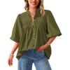 image:imagePRETTYGARDEN Womens 2026 Summer Short Lantern Sleeve Tops Loose Fit Button Down Shirt Pleated V Neck Blouses Trendy ClothesArmy Green