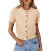 image:imagePRETTYGARDEN Womens Casual Summer Short Sleeve Cardigans 2026 Button Down Knitted Sweater Basic Crew Neck Crop TopsBeige