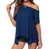 image:imagePRETTYGARDEN Womens Off the Shoulder Summer Tops Short Sleeve Tunic Blouse 2026 Casual Spring Asymmetrical Oversized TshirtsDusty Blue