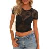 image:imagePRETTYGARDEN Womens Summer Sheer Lace Top 2026 Short Sleeve See Through Fitted Mesh Blouse Shirts Going Out Club OutfitsBlack