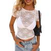image:imagePRETTYGARDEN Womens Summer Sheer Lace Top 2026 Short Sleeve See Through Fitted Mesh Blouse Shirts Going Out Club OutfitsWhite