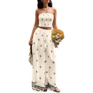 image:imagePRETTYGARDEN 2 Piece Sets for Women Summer 2026 Travel Outfits Print Tube Tops Wide Leg Pants Beach Vacation ClothesBeige