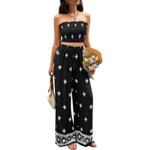 image:imagePRETTYGARDEN 2 Piece Sets for Women Summer 2026 Travel Outfits Print Tube Tops Wide Leg Pants Beach Vacation ClothesBlack